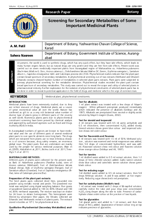 (PDF) Screening for Secondary Metabolites of Some Important Medicinal ...