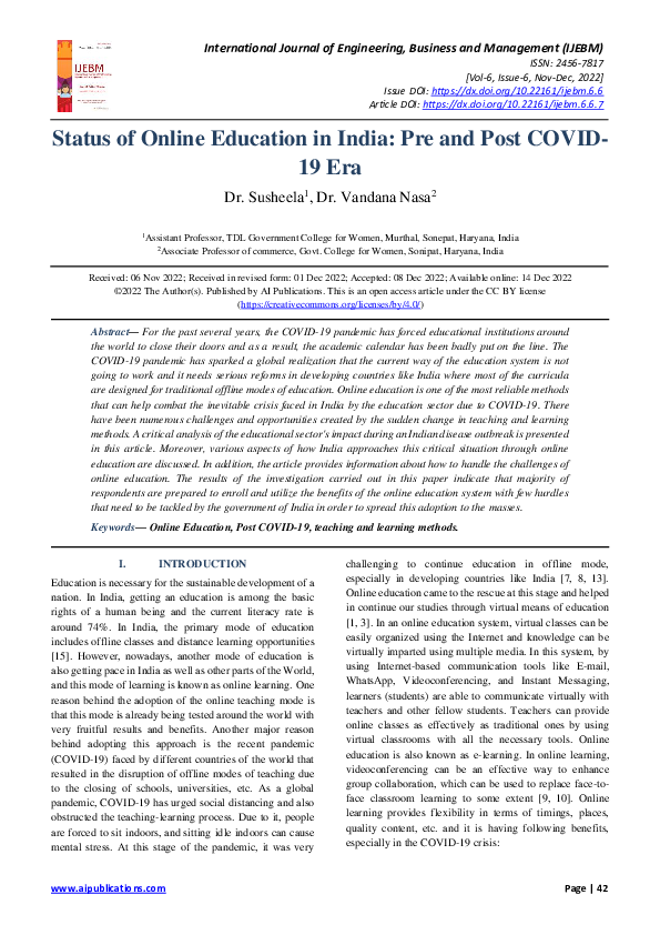 (PDF) Status of Online Education in India: Pre and Post COVID-19 Era