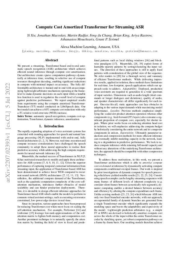 (PDF) Compute Cost Amortized Transformer for Streaming ASR