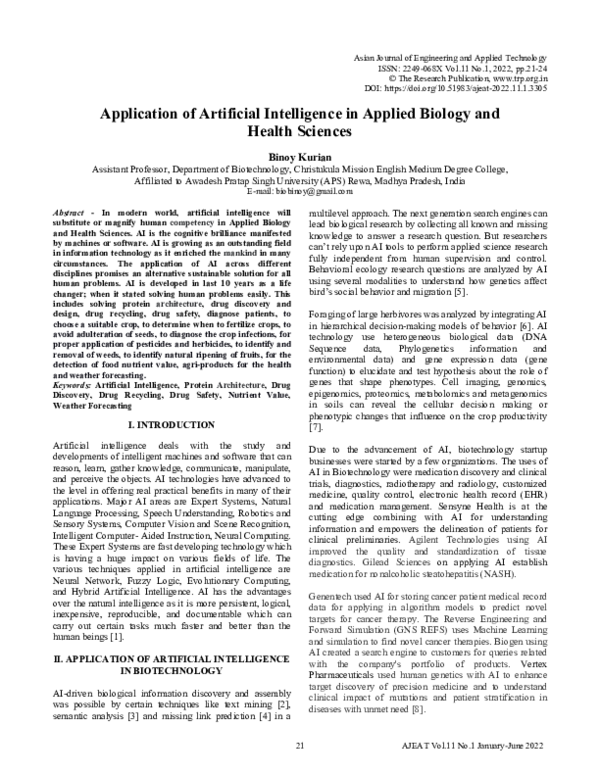 (PDF) Application of Artificial Intelligence in Applied Biology and ...