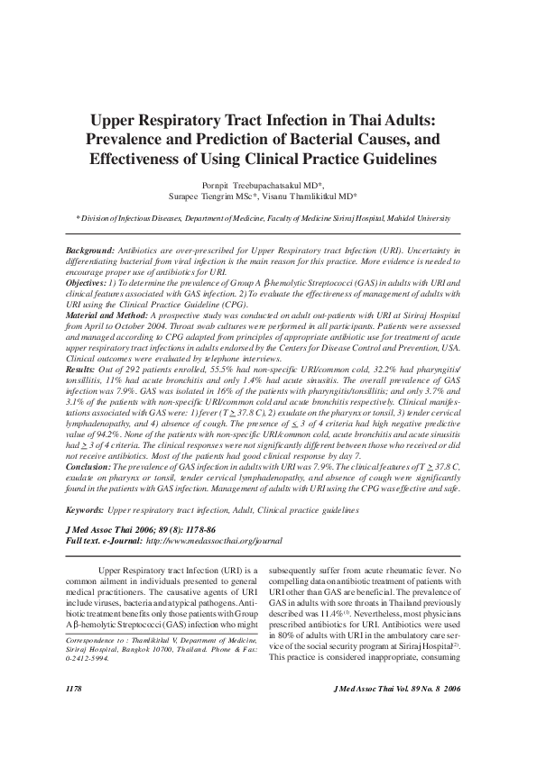 (PDF) Upper respiratory tract infection in Thai adults: prevalence and ...