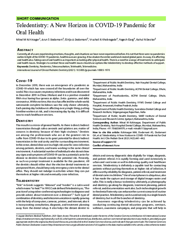 (PDF) Teledentistry: A New Horizon in COVID-19 Pandemic for Oral Health
