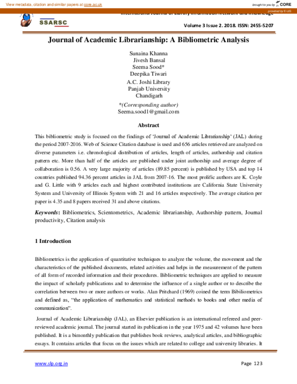 (PDF) Journal of Academic Librarianship: A Bibliometric Analysis