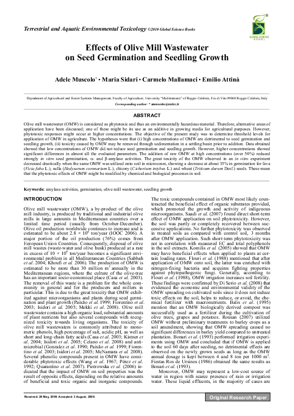 (PDF) Effects of olive mill wastewater on seed germination and seedling ...