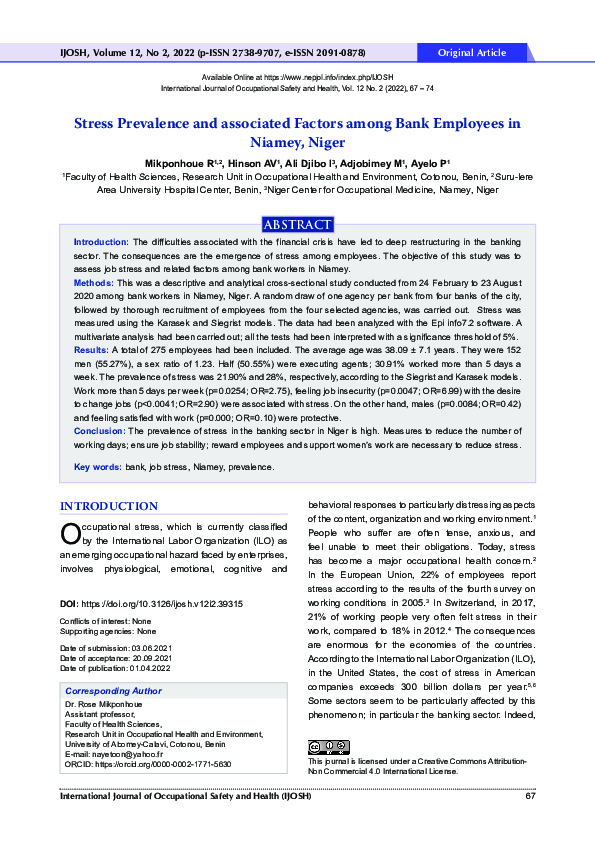 (PDF) Stress Prevalence and associated Factors among Bank Employees in ...