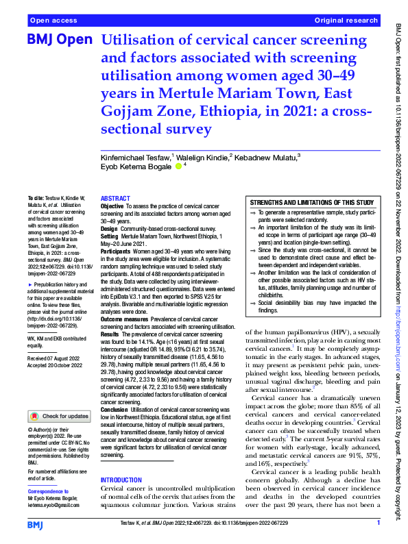 (PDF) Utilisation of cervical cancer screening and factors associated ...