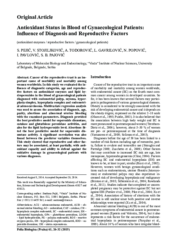 (PDF) Antioxidant status in blood of gynaecological patients: influence ...