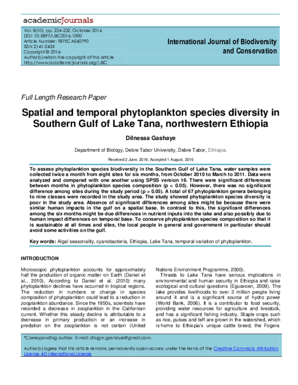 (PDF) Spatial and temporal phytoplankton species diversity in Southern ...