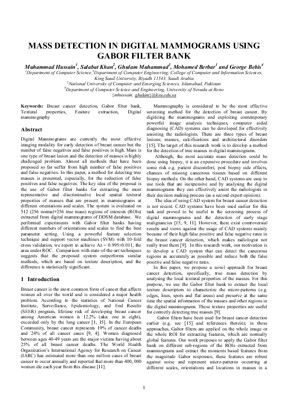 (PDF) Mass detection in digital mammograms using Gabor filter bank