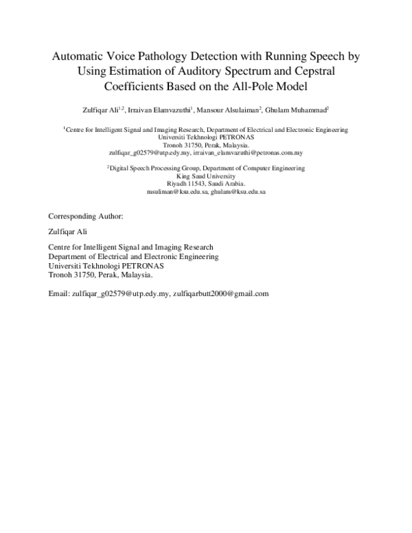 (PDF) Automatic Voice Pathology Detection With Running Speech by Using ...