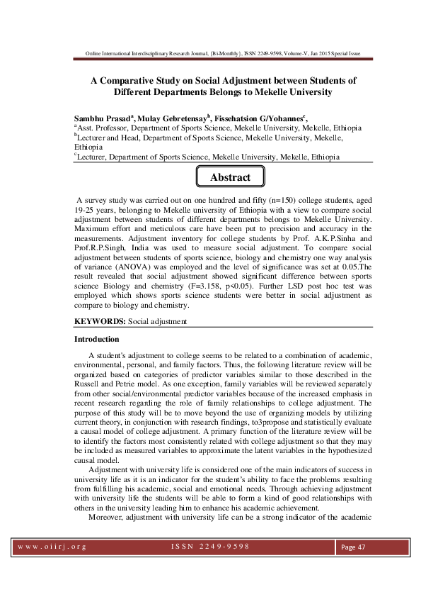 (PDF) A Comparative Study on Social Adjustment between Students of ...
