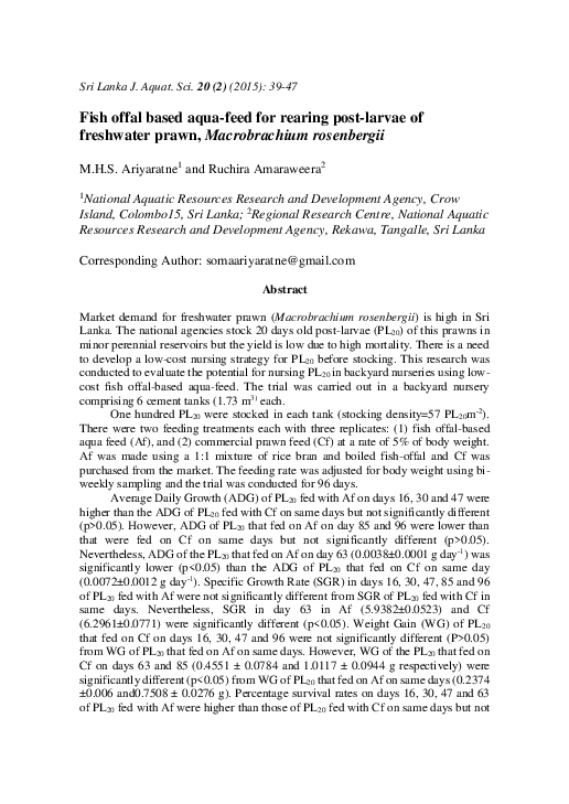 (PDF) Fish offal based aqua-feed for rearing post-larvae of freshwater ...
