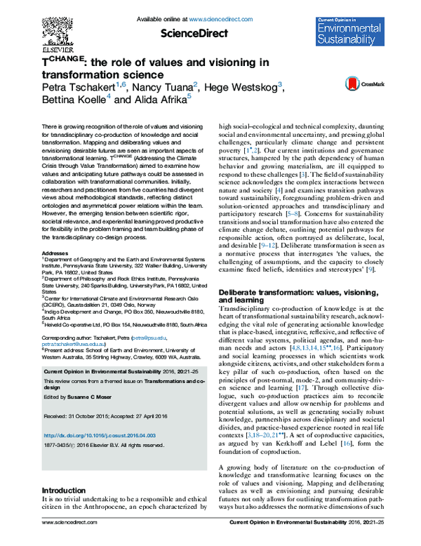 (PDF) T CHANGE : the role of values and visioning in transformation science