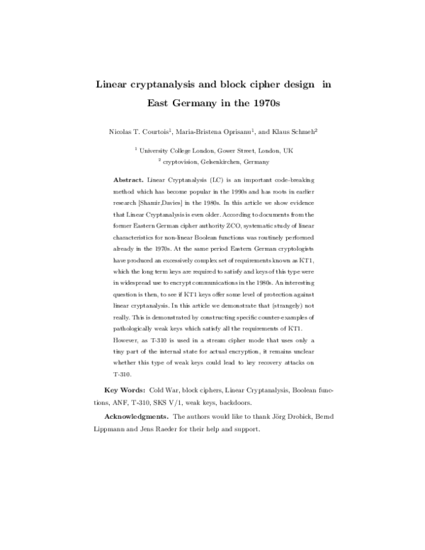 (PDF) Linear cryptanalysis and block cipher design in East Germany in ...