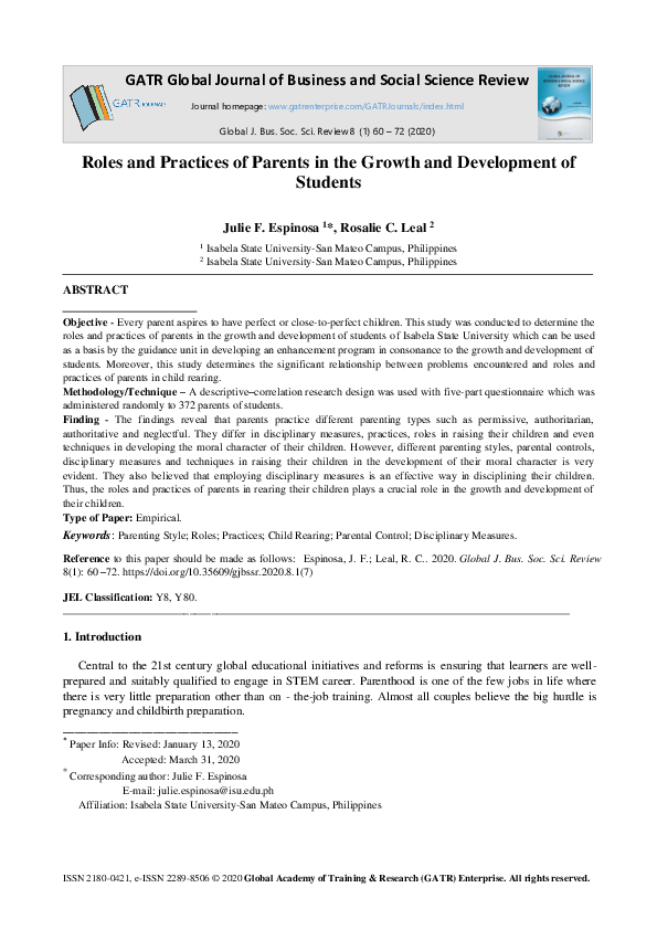 (PDF) Roles and Practices of Parents in the Growth and Development of ...