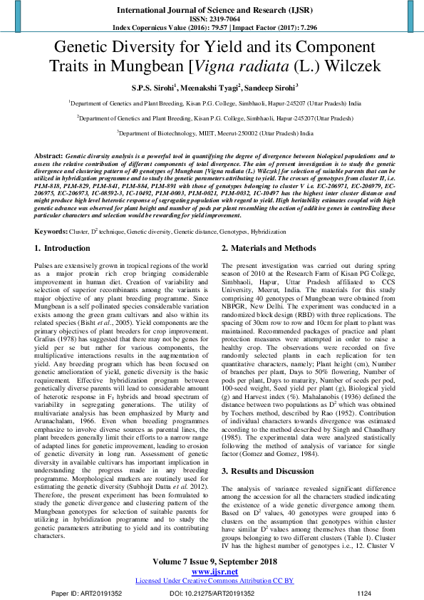 (PDF) Genetic Diversity for Yield and its Component Traits in Mungbean ...