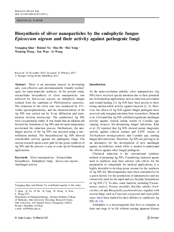 (PDF) Biosynthesis of silver nanoparticles by the endophytic fungus ...