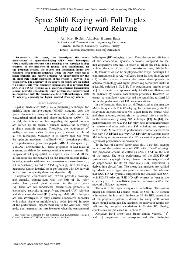 (PDF) Space shift keying with full duplex amplify and forward relaying