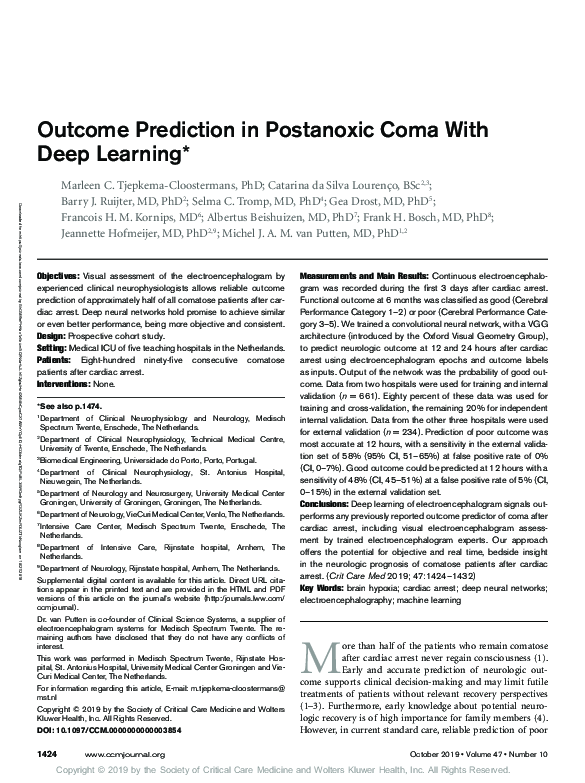 (PDF) Outcome Prediction in Postanoxic Coma With Deep Learning*