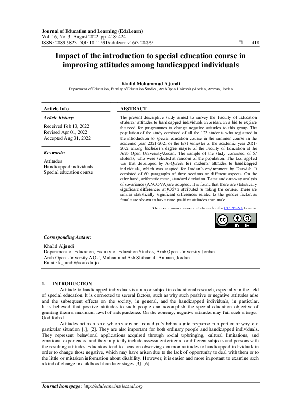 (PDF) Impact of the introduction to special education course in ...