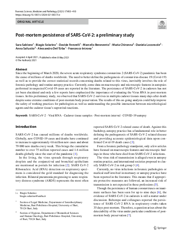 (PDF) Post-mortem persistence of SARS-CoV-2: a preliminary study