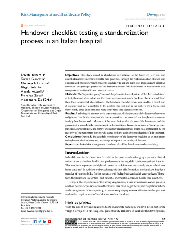 (PDF) Handover checklist: testing a standardization process in an ...