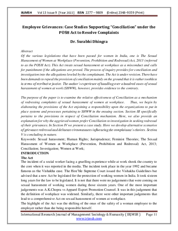 (PDF) Employee Grievances Case Studies Supporting "Conciliation" under