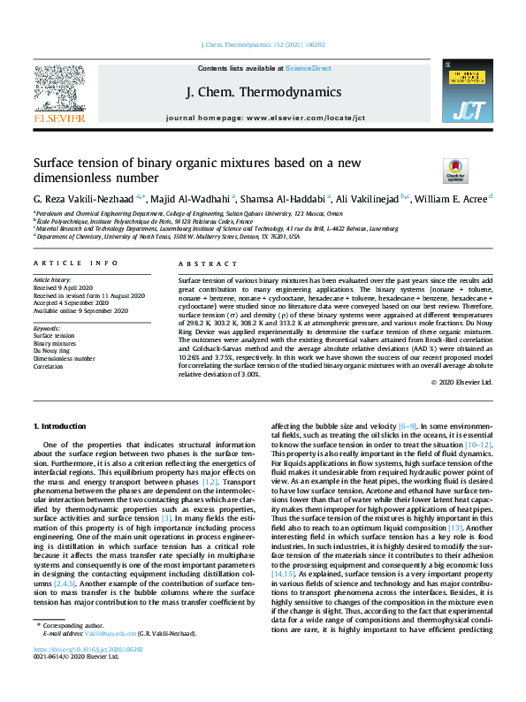 (PDF) Surface tension of binary organic mixtures based on a new ...