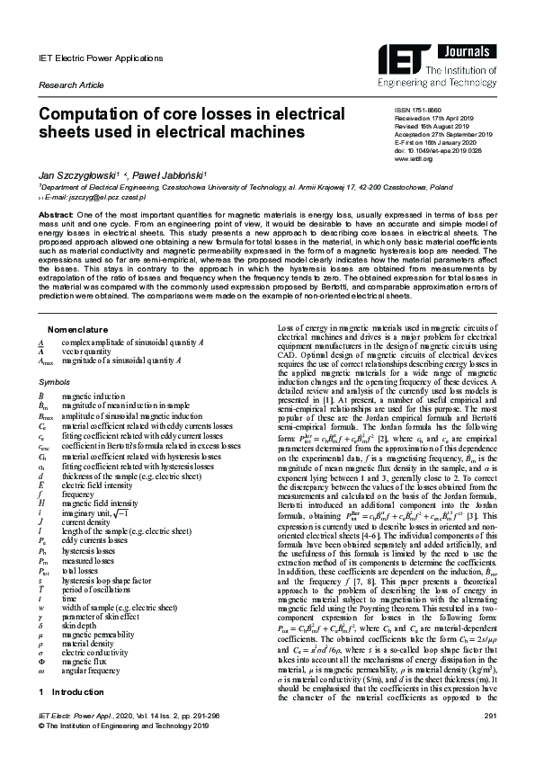 (PDF) Computation of core losses in electrical sheets used in ...