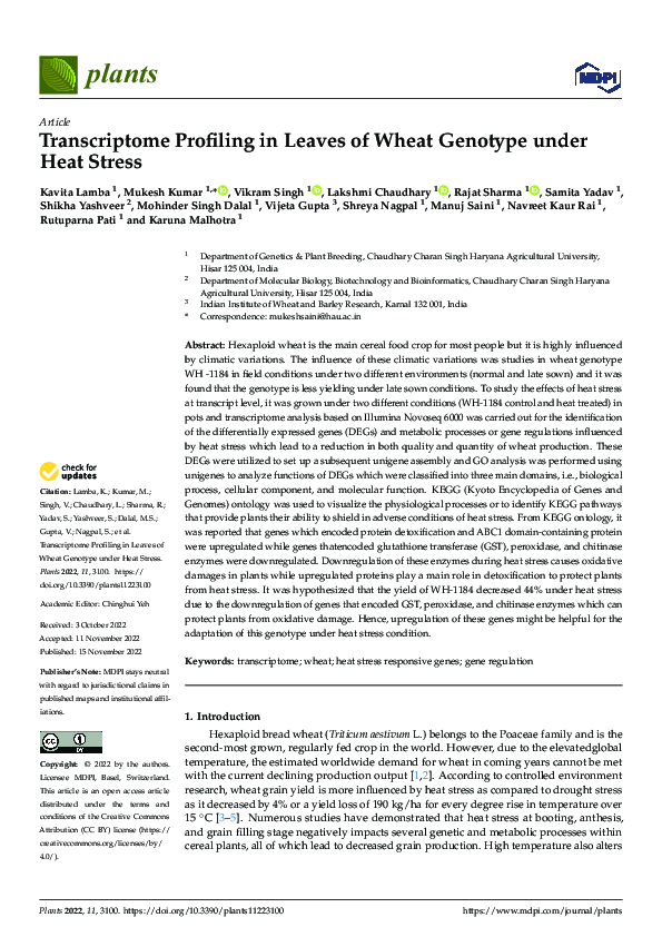 (PDF) Transcriptome Profiling in Leaves of Wheat Genotype under Heat Stress