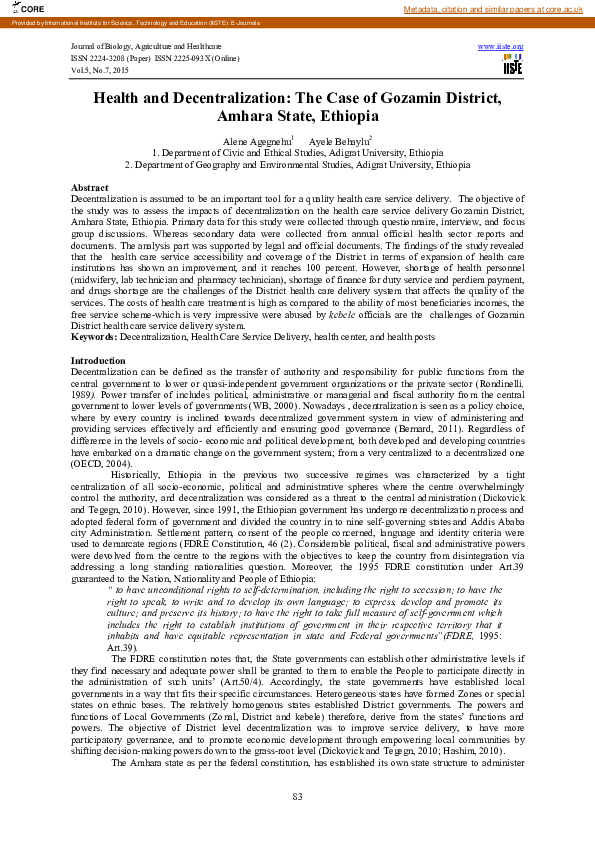 (PDF) Health and Decentralization: The Case of Gozamin District, Amhara ...