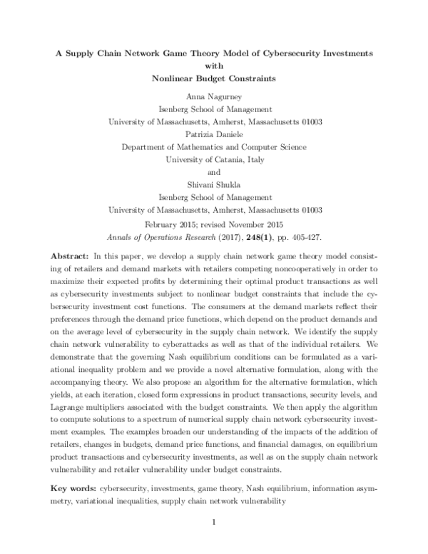 (PDF) A supply chain network game theory model of cybersecurity ...