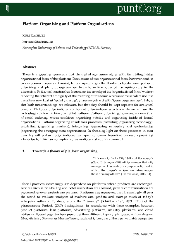 (PDF) Platform Organising and Platform Organisations