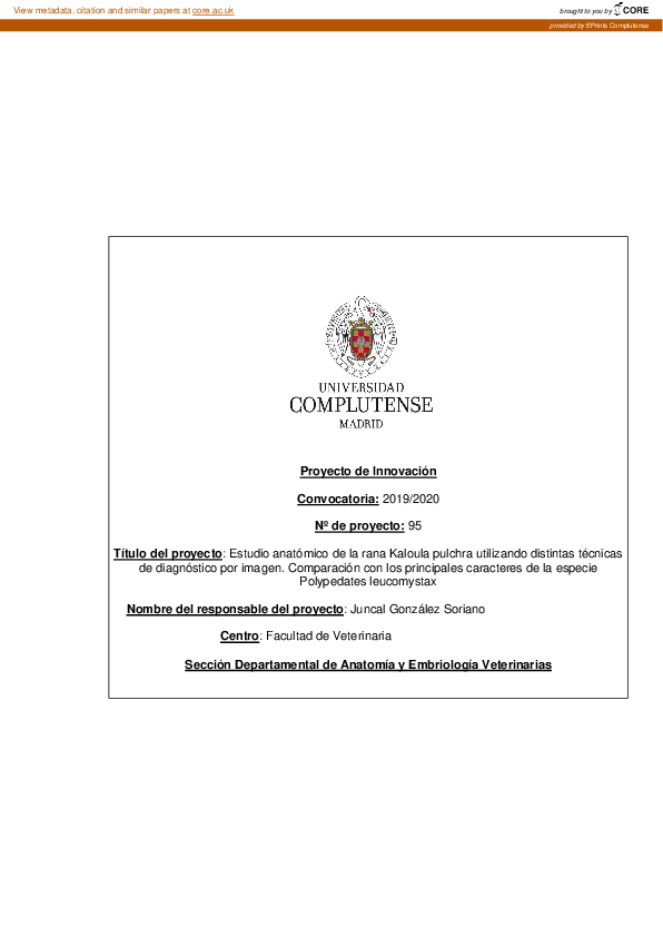 Estudio anatómico de la rana Kaloula pulchra utilizando distintas técnicas de diagnóstico por imagen. Comparación con los principales caracteres de la especie Polypedates leucomystax