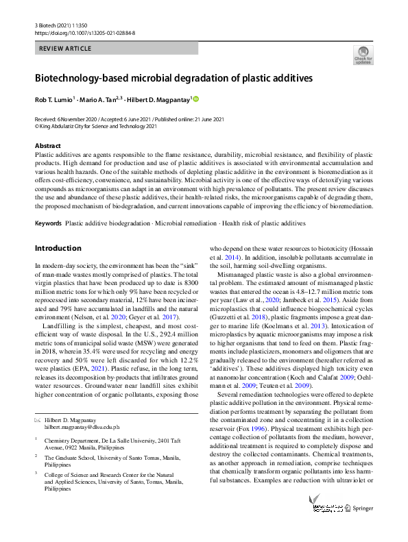 (PDF) Biotechnology-based microbial degradation of plastic additives