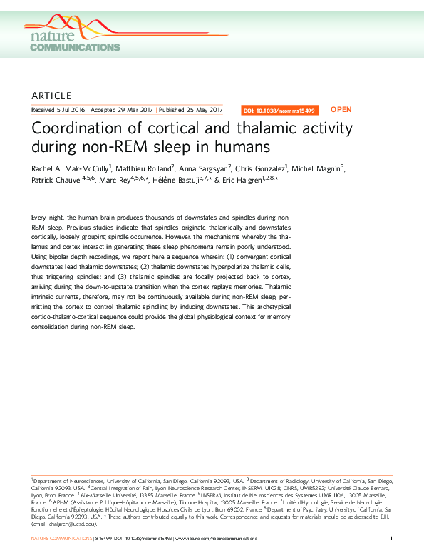 (PDF) Coordination of cortical and thalamic activity during non-REM ...
