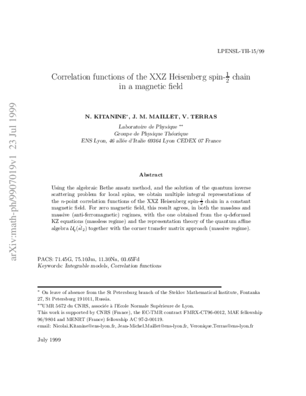 (PDF) Correlation functions of the XXZ Heisenberg spin- chain in a ...