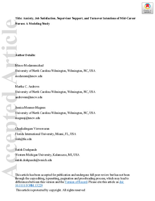 (PDF) Anxiety, job satisfaction, supervisor support and turnover ...