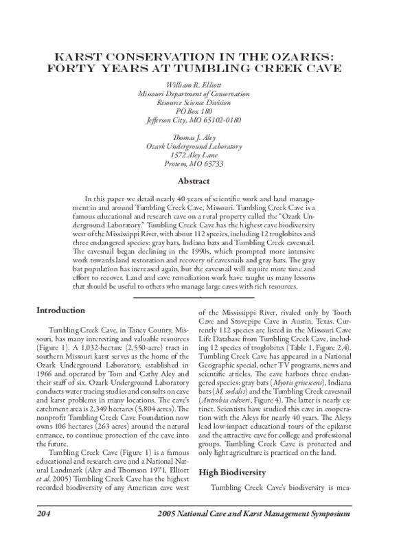 PDF) Karst Conservation in the Ozarks: Forty Years at Tumbling