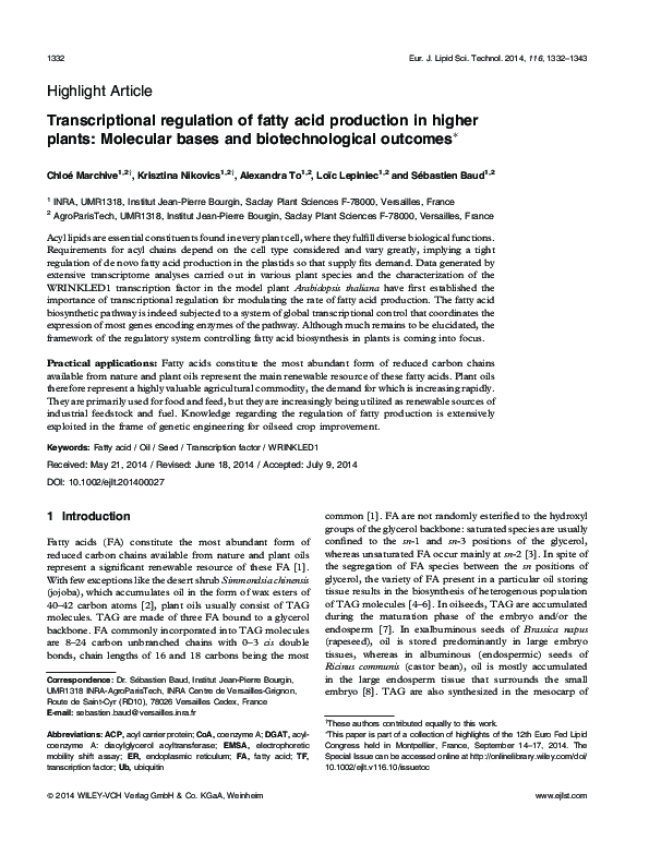 (PDF) Transcriptional regulation of fatty acid production in higher ...