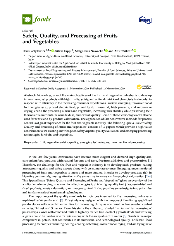 (PDF) Safety, Quality, and Processing of Fruits and Vegetables