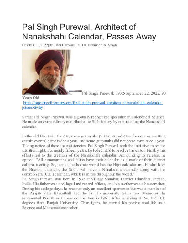 (DOC) Pal Singh Purewal, Architect of Nanakshahi Calendar, Passes Away