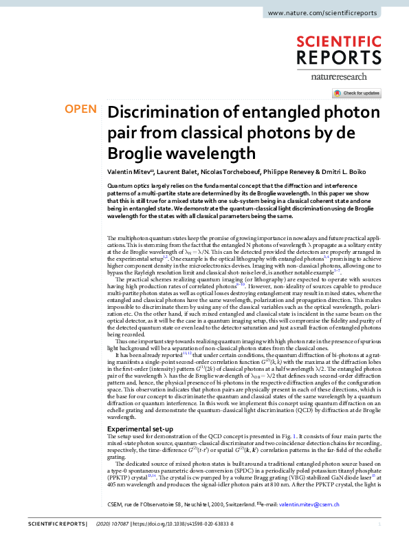 (PDF) Discrimination of entangled photon pair from classical photons by ...
