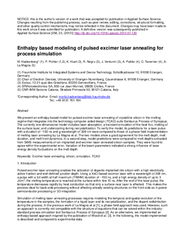 (PDF) Enthalpy based modeling of pulsed excimer laser annealing for ...
