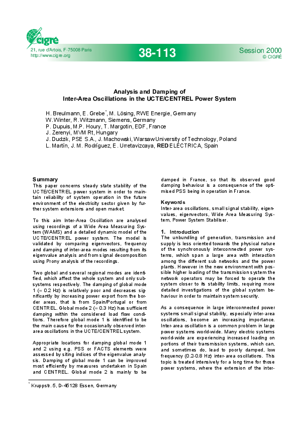 (PDF) Analysis and damping of inter-area oscillations in the UCTE ...
