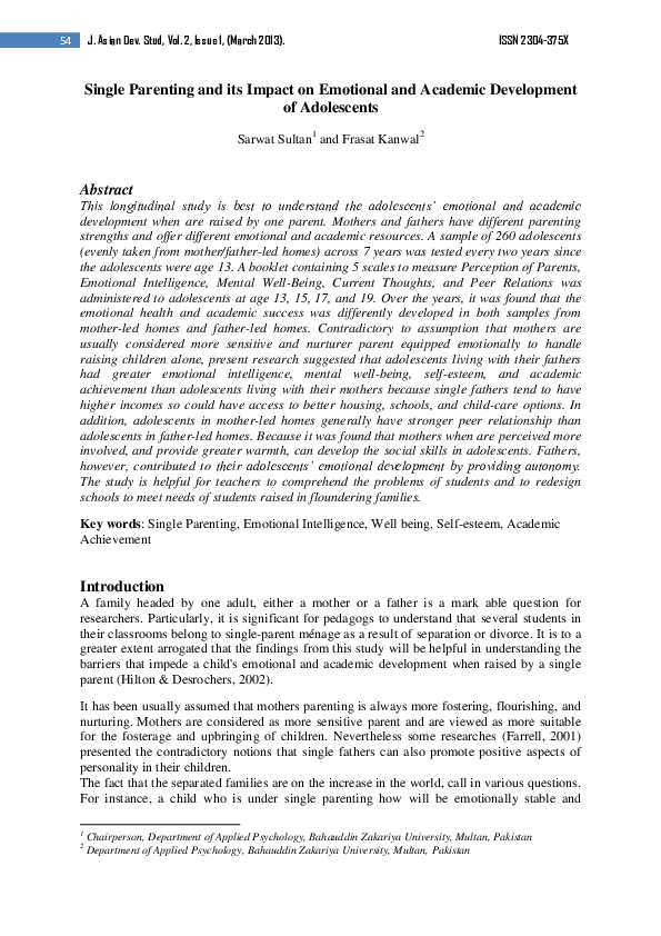 (PDF) Single Parenting and its Impact on Emotional and Academic ...