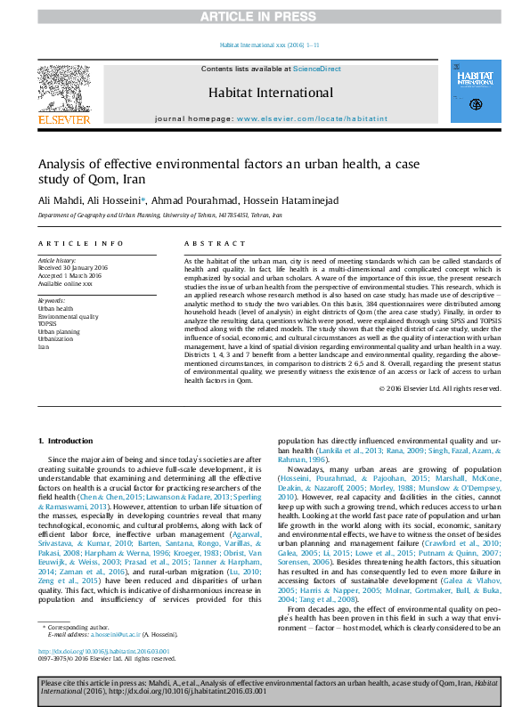 (PDF) Analysis of effective environmental factors an urban health, a ...