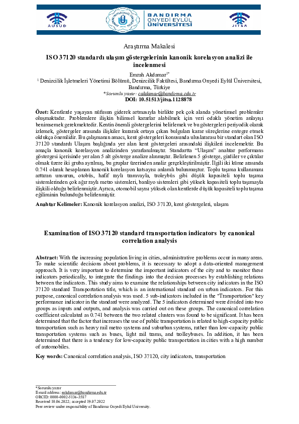 (PDF) ISO 37120 standardı ulaşım göstergelerinin kanonik korelasyon ...