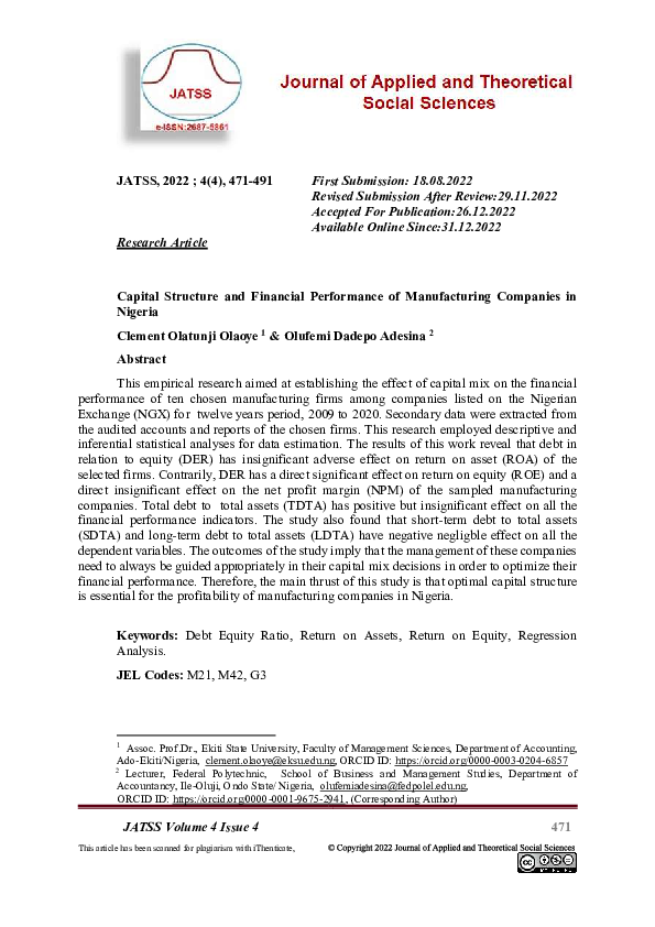 (PDF) Capital Structure and Financial Performance of Manufacturing