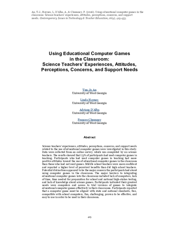 (PDF) Using Educational Computer Games in the Classroom: Science ...